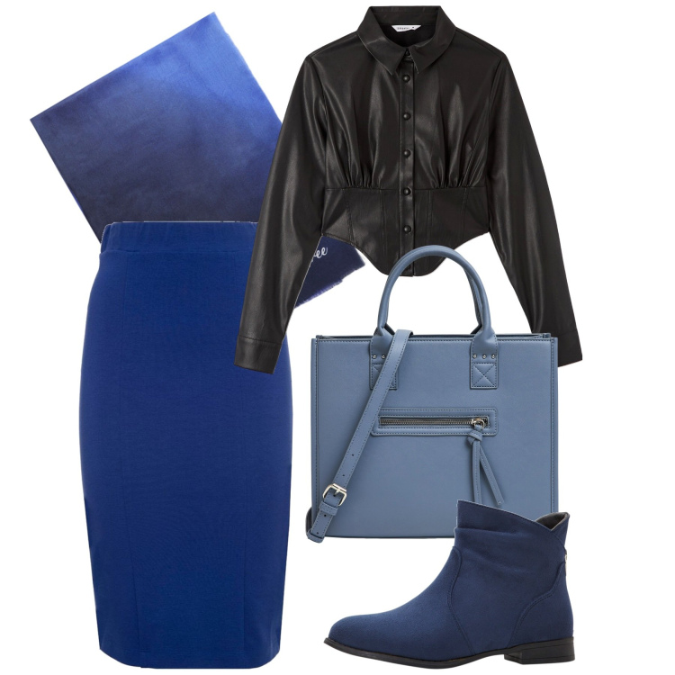 Outfit donna - Blu e nero. Stile Rock per Serata fuori. Abbinamento con stivaletti, camicie, shopping bag, gonne, sciarpe.