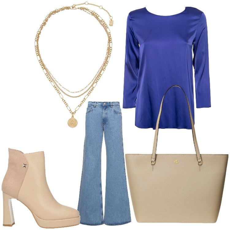 Outfit donna - Jeans e stivaletti. Stile Casual chic per Ufficio. Abbinamento con stivaletti, ciondoli, borse tote, pantaloni, bluse.