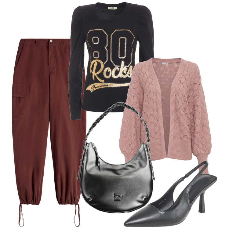 Outfit donna - Serata cargo. Stile Urban per Serata fuori. Abbinamento con cardigans, décolleté, t-shirt, pantaloni cargo, borse a spalla.