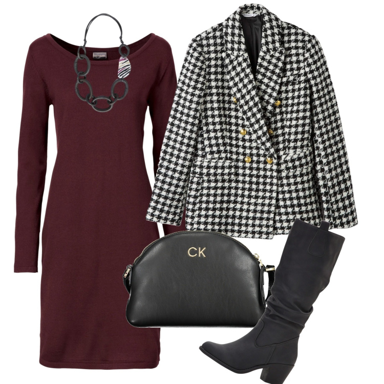 Outfit donna - Pied de poule e tubino. Stile Bon Ton per Ufficio. Abbinamento con vestiti lunghi, stivali, blazer, borse a tracolla, collane.