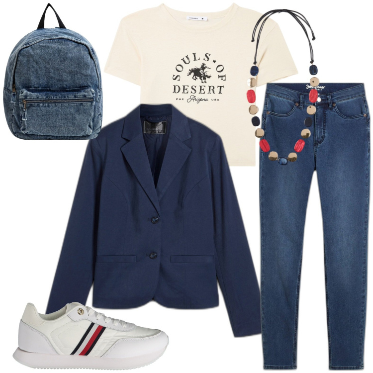 Outfit donna - Total look #1977850. Stile Casual per Tutti i giorni. Abbinamento con blazer, jeans slim fit, t-shirt, zaini, sneakers, collane.