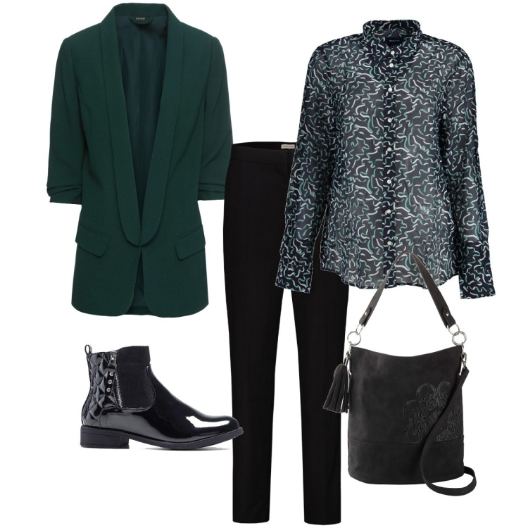 Outfit donna - Blazer verdone. Stile Bon Ton per Ufficio. Abbinamento con blazer, stivaletti, borse a mano, pantaloni, camicie.