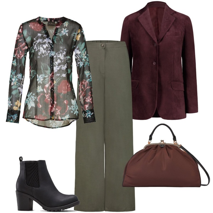 Outfit donna - Semitrasparenze a fiori. Stile Bon Ton per Ufficio. Abbinamento con stivaletti, camicie, pantaloni, borse a spalla, blazer.