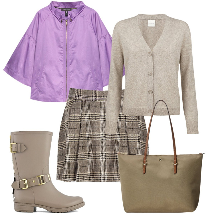 Outfit donna - Il piumino lilla. Stile Casual chic per Tutti i giorni. Abbinamento con minigonne, borse tote, stivali, cardigans, blazer.