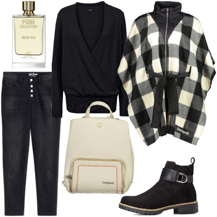 Outfit donna - Total look #1977902. Stile Casual per Tutti i giorni. Abbinamento con stivaletti, jeans boyfriend, maglieria, profumi, cappotti, zaini.