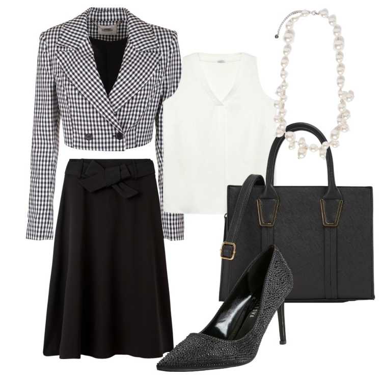 Outfit donna - Curvy elegante con il coordinato. Stile Bon Ton per Cerimonia. Abbinamento con gonne lunghe, shopping bag, décolleté, blazer, top, collane.