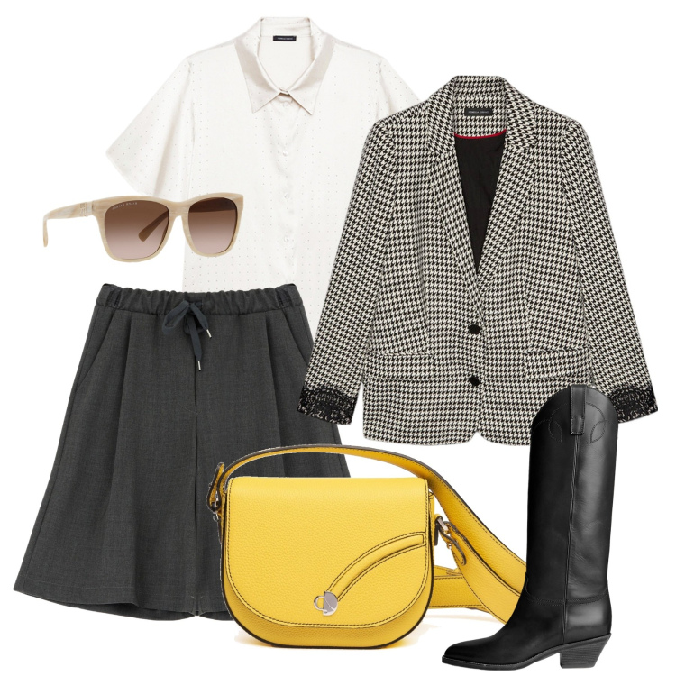 Outfit donna - Giallo su grigio. Stile Bon Ton per Tutti i giorni. Abbinamento con shorts, occhiali da sole, stivali, borse a tracolla, camicie a manica corta, blazer.