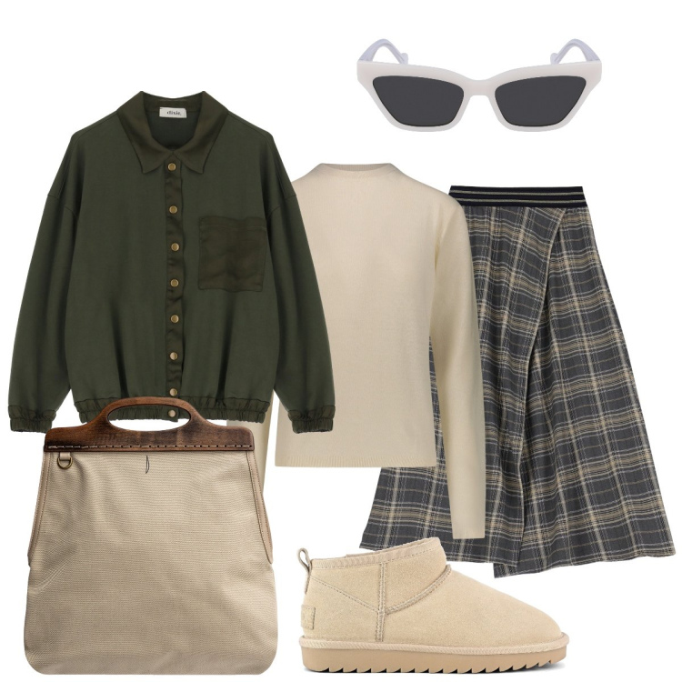 Outfit donna - Total look #1977962. Stile Trendy per Tutti i giorni. Abbinamento con gonne lunghe, cappotti, pullovers, borse a tracolla, stivali, occhiali da sole.