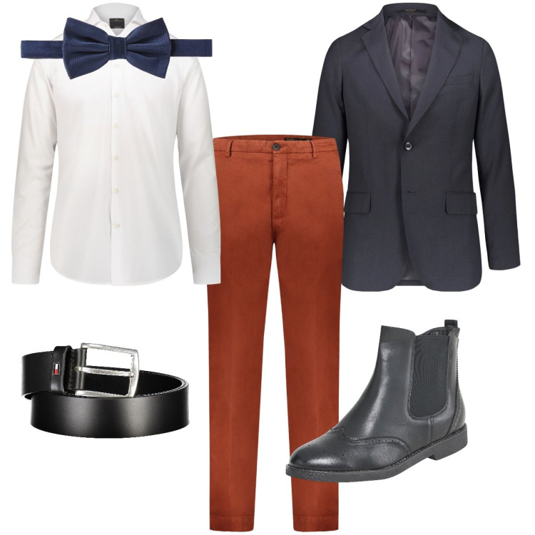 Outfit uomo - Con il papillon. Stile Business/Elegante per Cerimonia. Abbinamento con stivali e stivaletti, camicie, pantaloni, giacche, papillon, cinture.