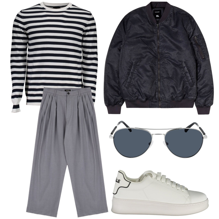 Outfit uomo - Le righe sempre di moda. Stile Trendy per Tutti i giorni. Abbinamento con bomber, pantaloni, maglieria, sneakers, occhiali da sole.