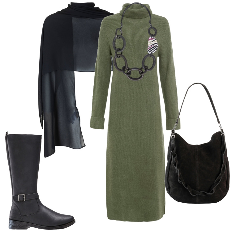 Outfit donna - Abito verde oliva. Stile Casual chic per Serata fuori. Abbinamento con stivali, vestiti, borse a mano, stole, collane.
