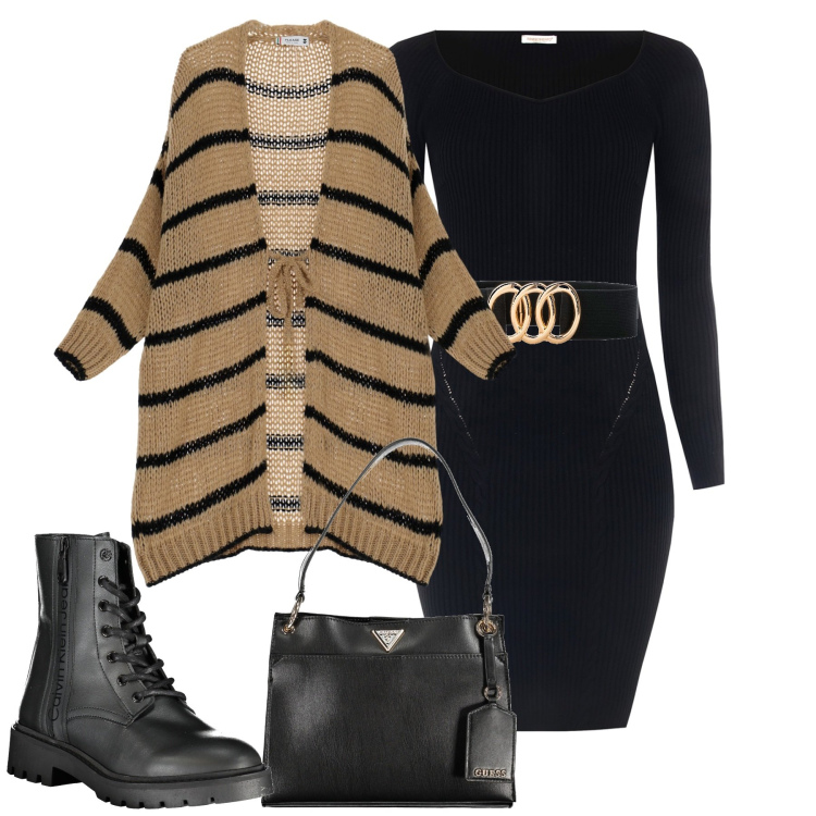 Outfit donna - Tubino e cappotto in maglia. Stile Casual chic per Tutti i giorni. Abbinamento con cinture, vestiti a tubino, cardigans, stivali, borse a spalla.