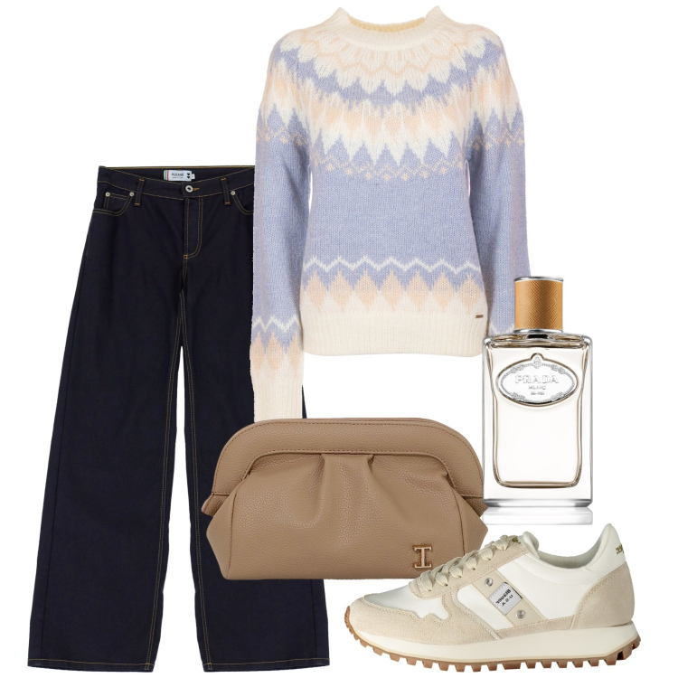 Outfit donna - Il pull da freddo. Stile Basic per Tutti i giorni. Abbinamento con profumi, jeans, maglieria, borse a mano, sneakers.