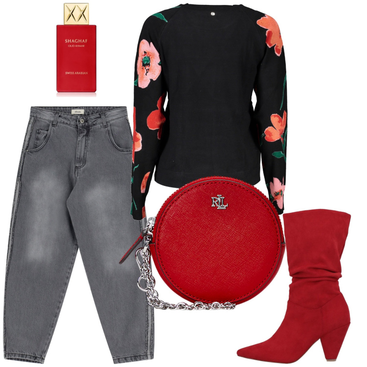 Outfit donna - Tocchi di rosso. Stile Casual chic per Tutti i giorni. Abbinamento con stivaletti, profumi, jeans, pochette, maglieria.