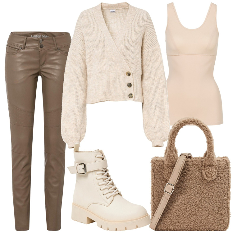 Outfit donna - Total look #1978052. Stile Trendy per Scuola/Università. Abbinamento con top, pantaloni, maglieria, shopping bag, anfibi.