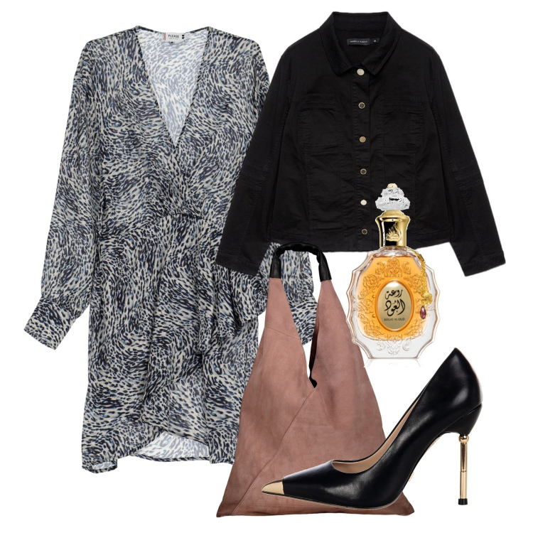 Outfit donna - Serata. Stile Chic per Serata fuori. Abbinamento con profumi, décolleté, vestiti corti, borse a spalla, blazer.