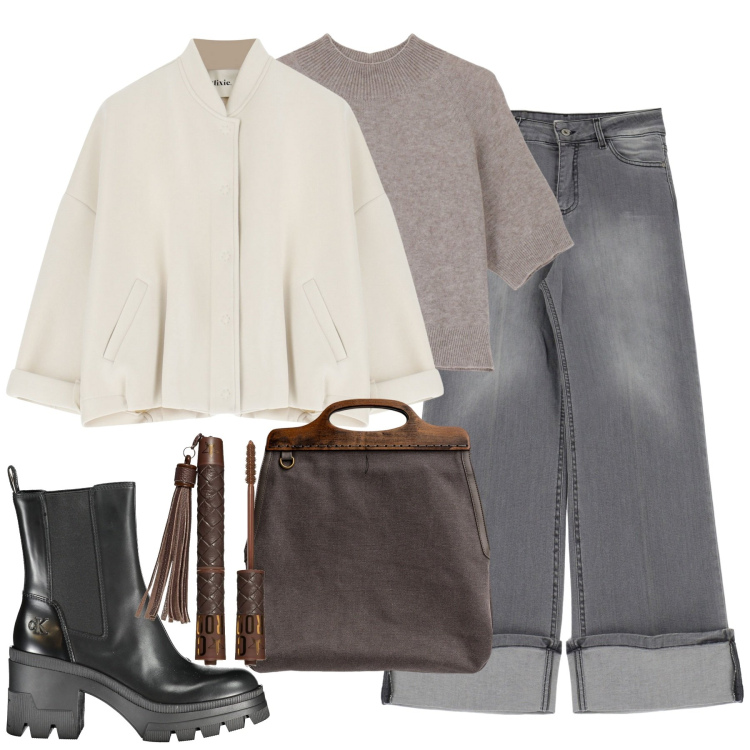 Outfit donna - City. Stile Casual chic per Tutti i giorni. Abbinamento con mascara, maglieria, jeans, bomber, borse a tracolla, stivali.