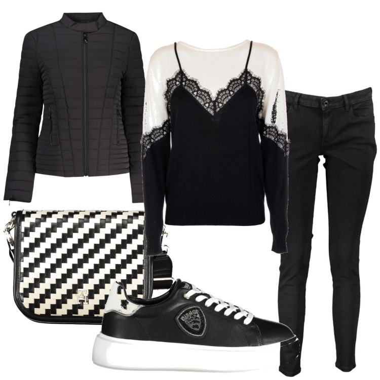 Outfit donna - Total look #1978075. Stile Casual chic per Tutti i giorni. Abbinamento con maglieria, borse a tracolla, jeans skinny, sneakers, blazer.