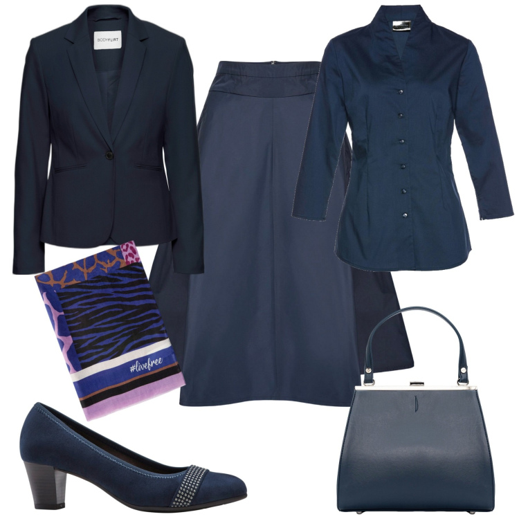 Outfit donna - Total blue in ufficio. Stile Glamour per Ufficio. Abbinamento con camicie, blazer, décolleté, clutch, gonne, sciarpe.