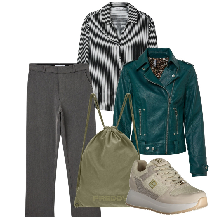 Outfit donna - Smeraldo. Stile Basic per Tutti i giorni. Abbinamento con blazer, pantaloni chino, camicie, zaini, sneakers.