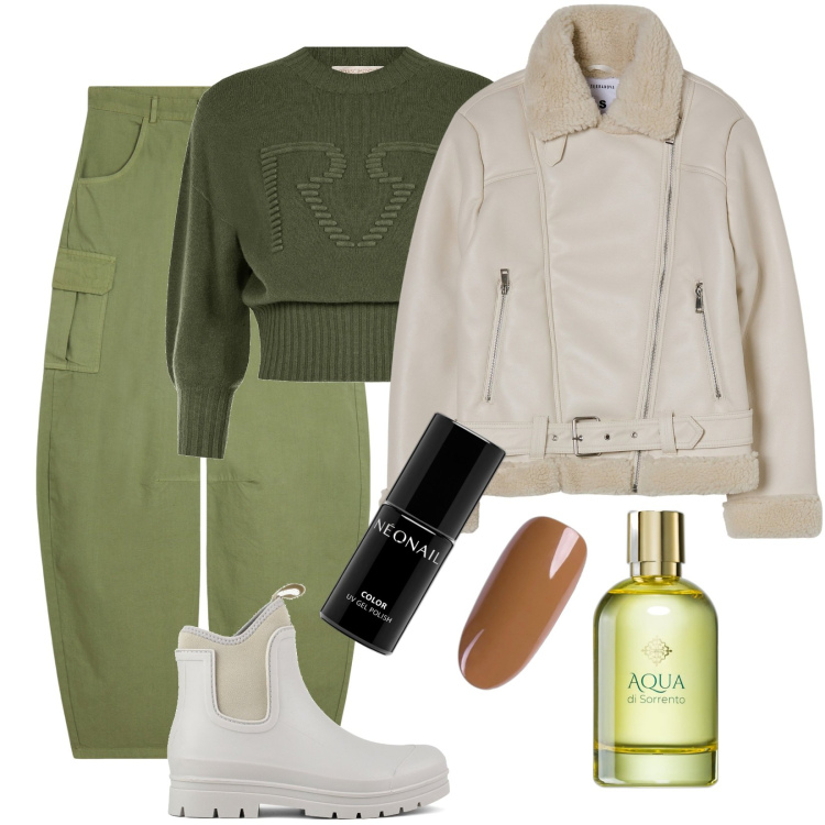 Outfit donna - Di giorno curvy. Stile Trendy per Tutti i giorni. Abbinamento con profumi, smalti, blazer, maglieria, pantaloni cargo, stivali.