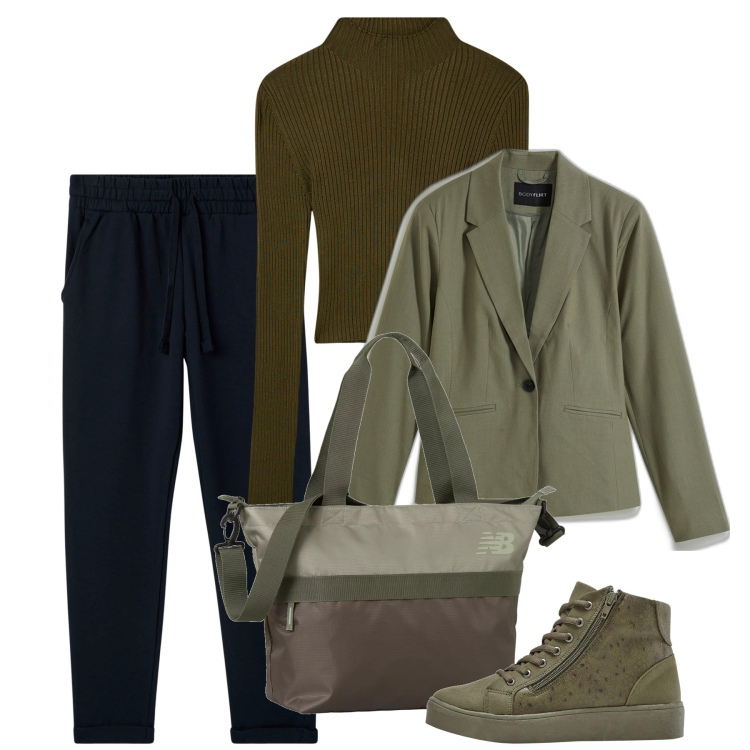Outfit donna - Ottobre. Stile Bon Ton per Tutti i giorni. Abbinamento con blazer, sneakers alte, pantaloni, maglieria, borse tote.