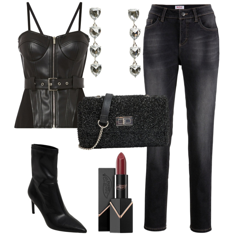 Outfit donna - Serata. Stile Rock per Serata fuori. Abbinamento con top, jeans boyfriend, rossetti, orecchini, stivaletti, borse a tracolla.