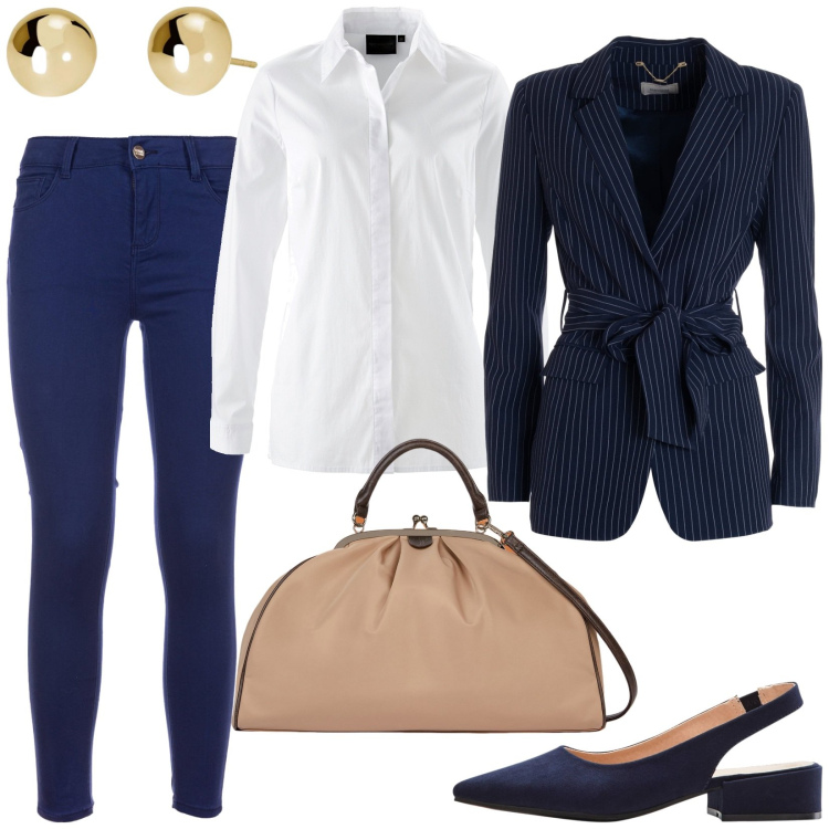 Outfit donna - Total look #1978093. Stile Chic per Ufficio. Abbinamento con camicie, décolleté, orecchini, blazer, jeans skinny, borse a spalla.