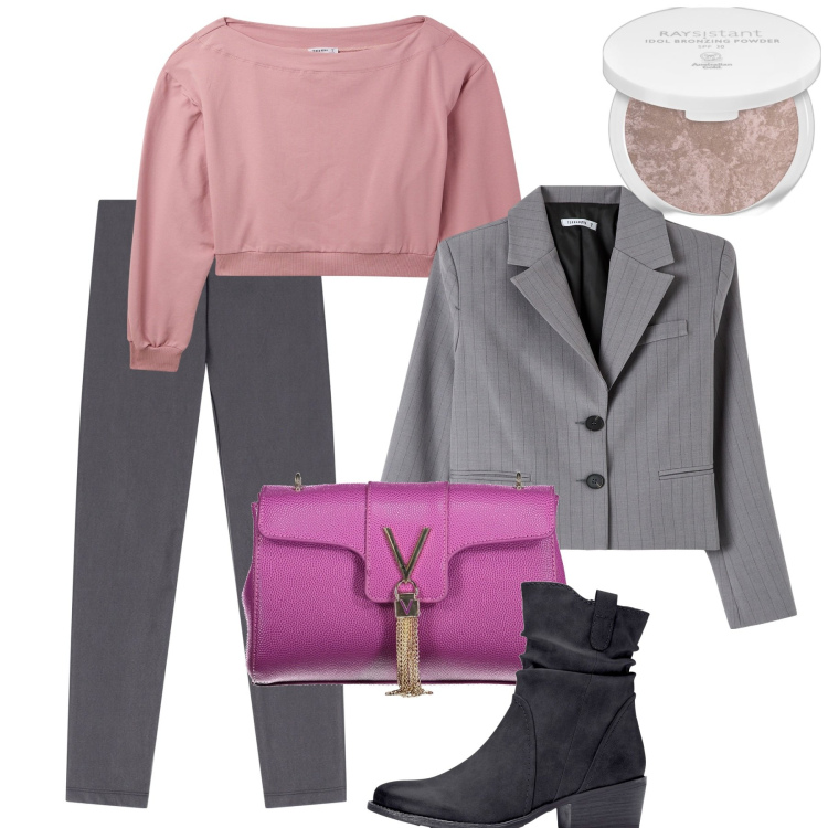 Outfit donna - Rosa e grigio. Stile Bon Ton per Tutti i giorni. Abbinamento con stivaletti texani, terre, blazer, felpe, pantaloni skinny, borse a tracolla.