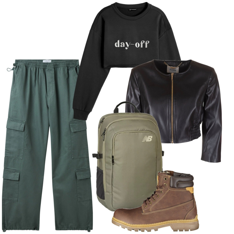 Outfit donna - In viaggio. Stile Urban per Tutti i giorni. Abbinamento con pantaloni cargo, zaini, felpe, blazer, stivali.