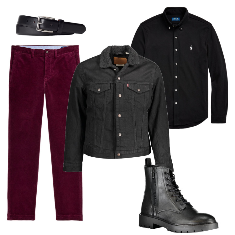 Outfit uomo - Nero e bordeaux. Stile Trendy per Ufficio. Abbinamento con pantaloni, camicie, cinture, stivali, giacche.