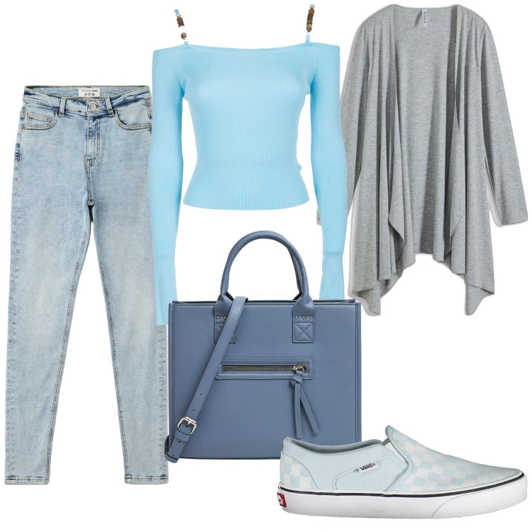 Outfit donna - Total look #1978154. Stile Basic per Scuola/Università. Abbinamento con cardigans, jeans skinny, shopping bag, maglieria, sneakers.