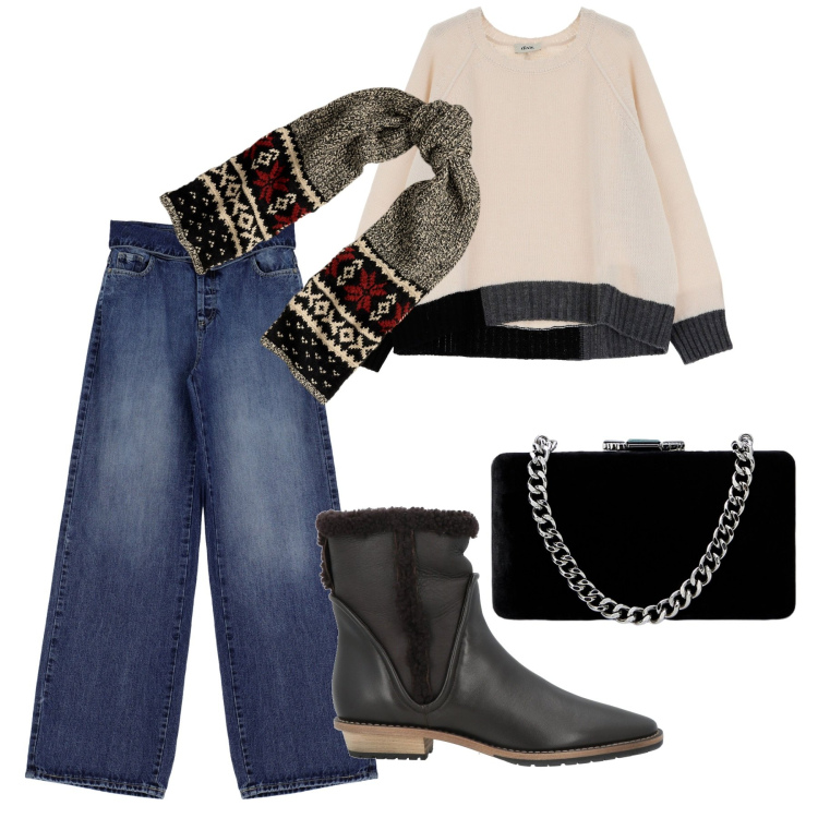 Outfit donna - Ottobre. Stile Casual chic per Tutti i giorni. Abbinamento con stivaletti, jeans, pullovers, sciarpe, clutch.