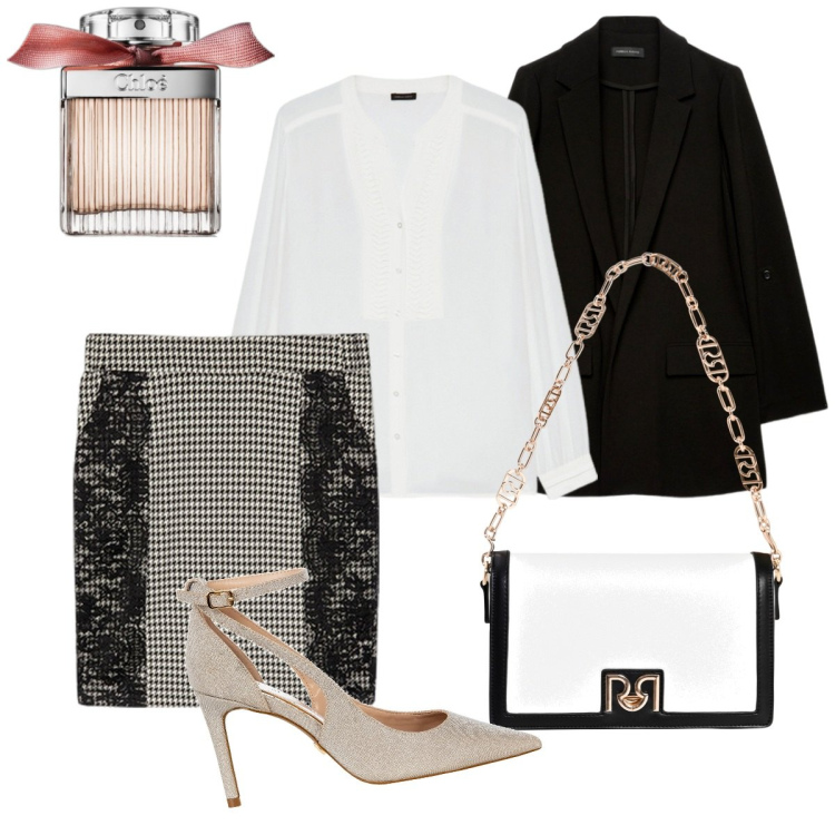 Outfit donna - Elegante - curvy oversize. Stile Bon Ton per Cerimonia. Abbinamento con profumi, borse a tracolla, décolleté, gonne, blazer, bluse.