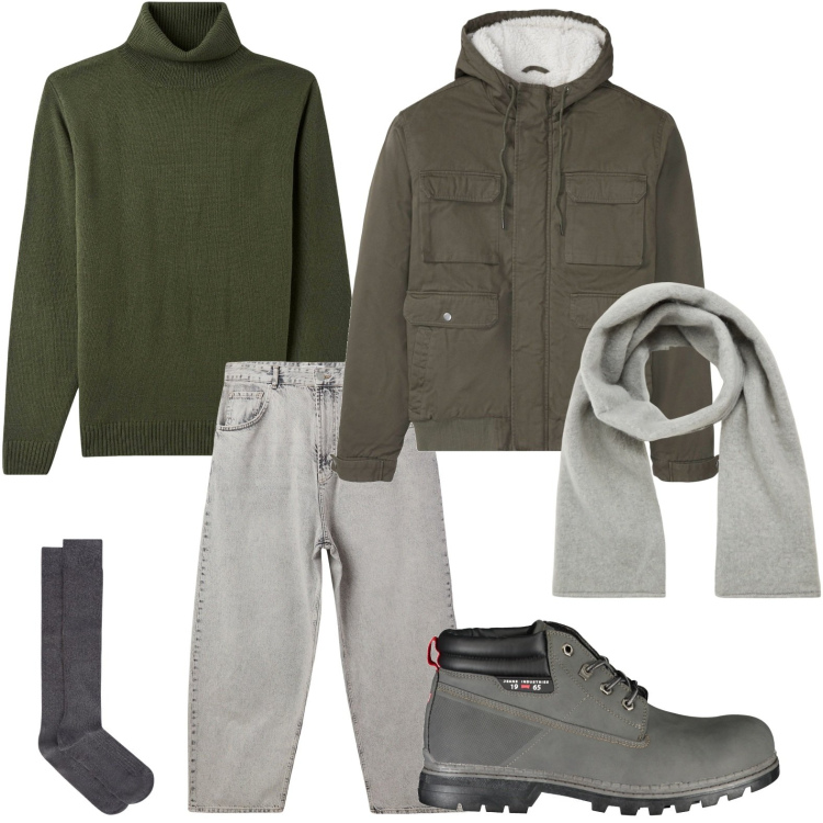Outfit uomo - Jungle day. Stile Trendy per Tutti i giorni. Abbinamento con piumini, sciarpe e foulard, jeans, maglieria, calzini, stivali.