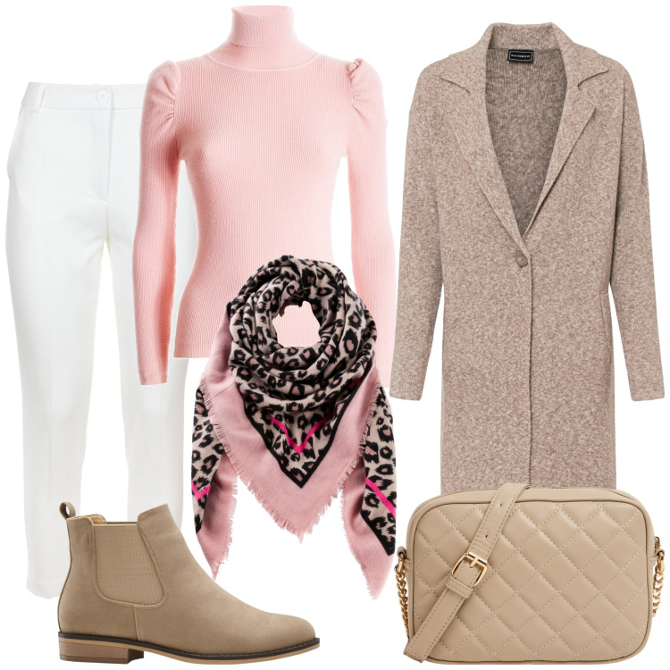 Outfit donna - Total look #1978179. Stile Romantica per Tutti i giorni. Abbinamento con cappotti, stivaletti chelsea, foulard, borse a tracolla, pantaloni, maglieria.