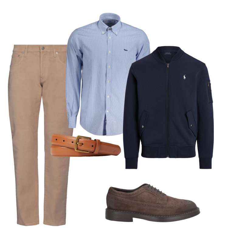 Outfit uomo - Blu e marrone. Stile Business/Elegante per Serata speciale. Abbinamento con scarpe stringate, pantaloni, cinture, bomber, camicie.