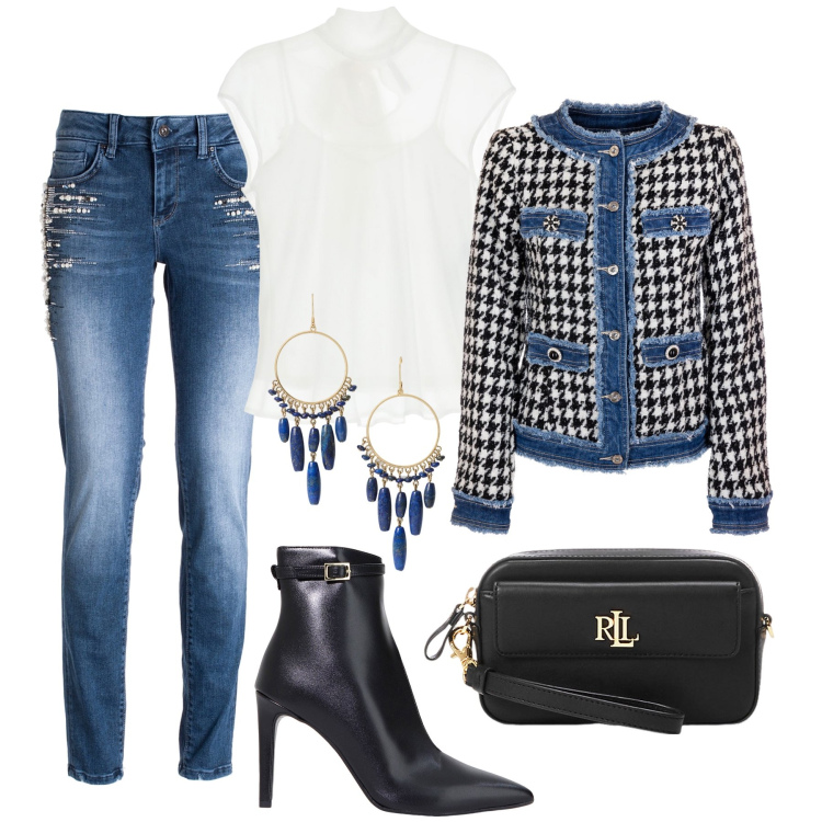 Outfit donna - Serata denim luminosa. Stile Casual chic per Serata fuori. Abbinamento con giacche, jeans skinny, top, stivaletti, pochette, orecchini.