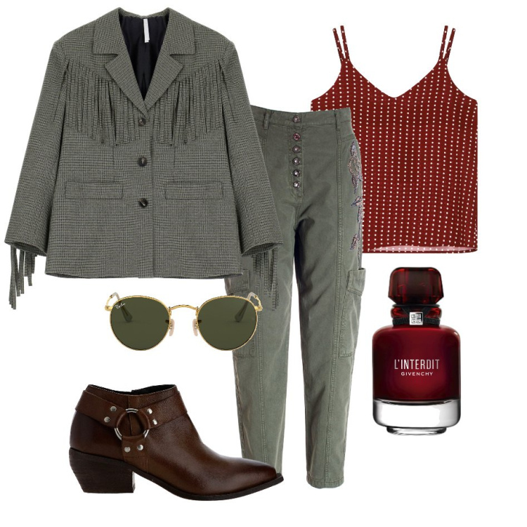 Outfit donna - Bordeaux e Verde Militare: Look Urban. Stile Urban per Ufficio. Abbinamento con profumi, pantaloni, blazer, stivaletti, top, occhiali da sole.