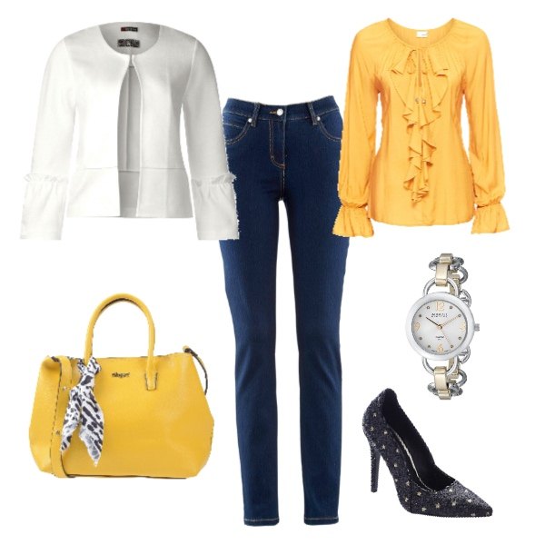 Outfit donna - Con un po’ di colore. Stile Basic per Tutti i giorni. Abbinamento con jeans dritti, blusa con volant e scollo giallo, décolleté pumps con tacco alto nero, borsa a mano taglia media con zip interno foderato in pelle sintetica tinta unita, giacca avorio e bianco, orologio analogico.