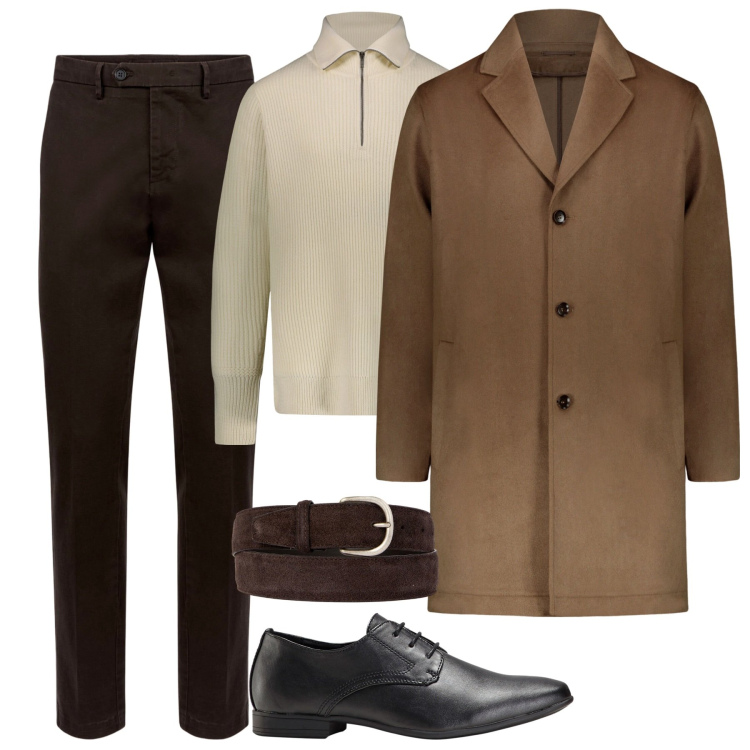 Outfit uomo - In ufficio. Stile Urban per Ufficio. Abbinamento con scarpe stringate, cinture, cappotti, maglieria, pantaloni chino.