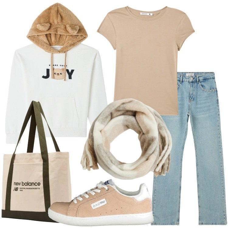 Outfit donna - Casual all\'università. Stile Basic per Scuola/Università. Abbinamento con borse tote, jeans slim fit, felpe con cappuccio, t-shirt, sciarpe, sneakers.