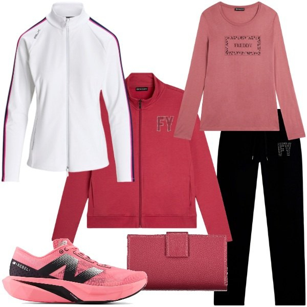 Outfit donna - Passeggiata al parco. Stile Sporty chic per Sport. Abbinamento con sneakers, t-shirt, tute, blazer, portafogli.