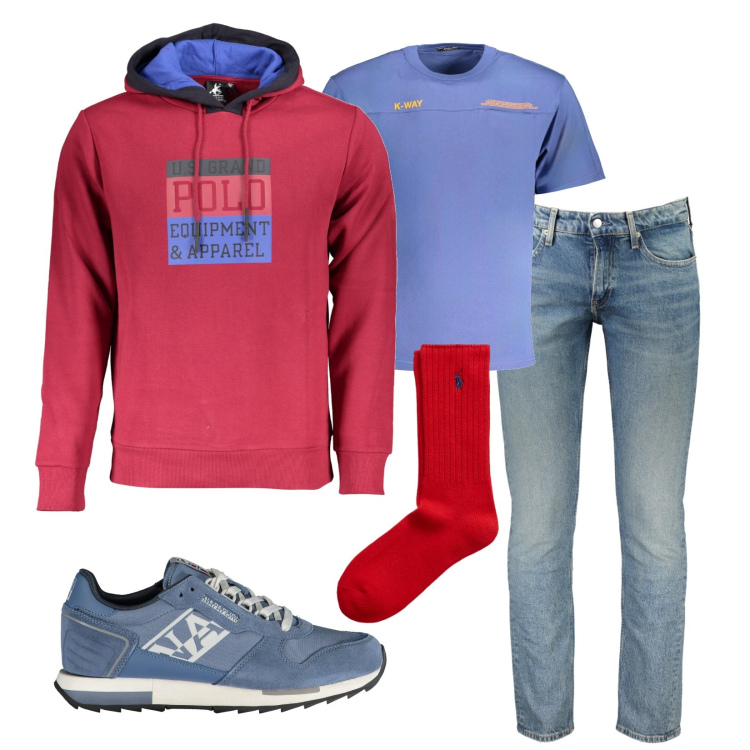 Outfit uomo - Total look #1978374. Stile Urban per Tutti i giorni. Abbinamento con calzini, jeans slim fit, felpe con cappuccio, sneakers, t-shirt.