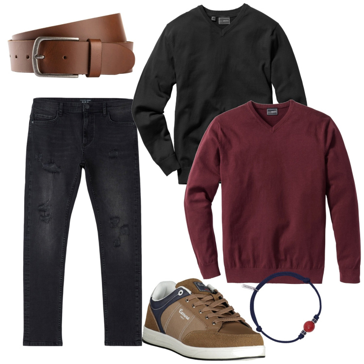 Outfit uomo - Pomeriggio. Stile Casual per Tutti i giorni. Abbinamento con maglieria, cinture, maglieria, jeans strappati, braccialetti, sneakers.