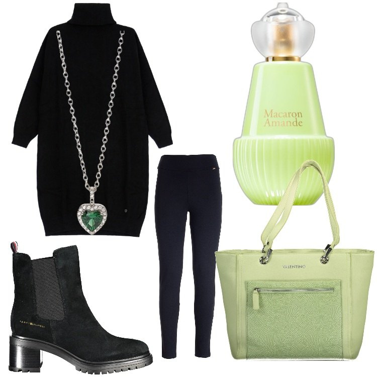 Outfit donna - Sempre in ordine. Stile Basic per Tutti i giorni. Abbinamento con profumi, ciondoli, leggings, maglieria, stivaletti, borse a spalla.