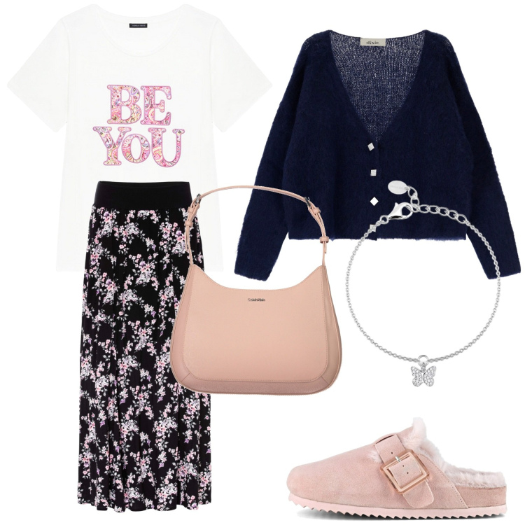Outfit donna - I am!. Stile Romantica per Tutti i giorni. Abbinamento con gonne lunghe, braccialetti con ciondoli, cardigans, sabot, t-shirt, borse a spalla.