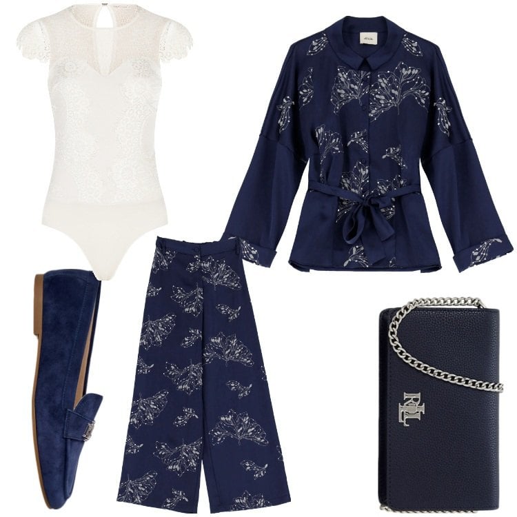 Outfit donna - Kimono. Stile Casual chic per Serata fuori. Abbinamento con body, blazer, pantaloni, mocassini, borse a mano.