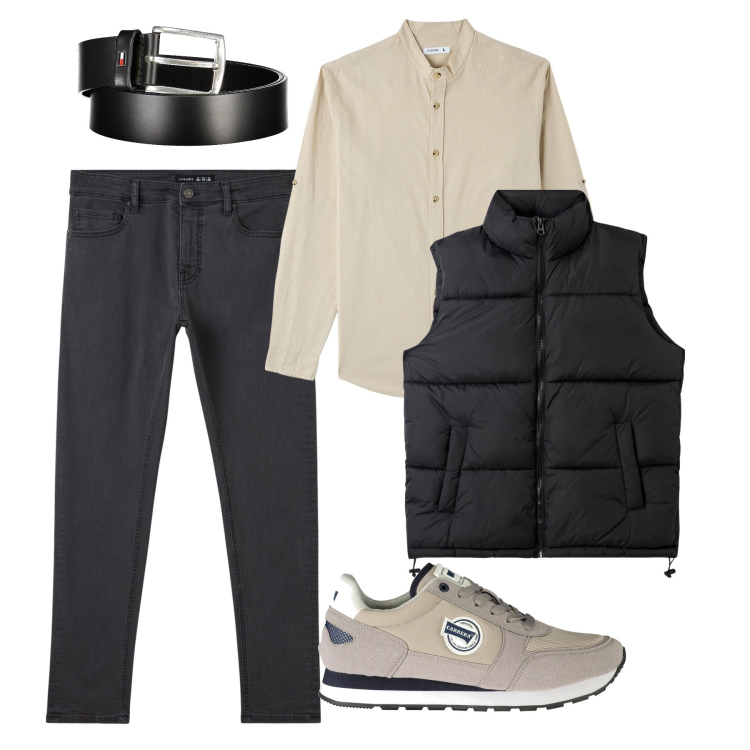 Outfit uomo - Antracite e sabbia. Stile Casual per Tutti i giorni. Abbinamento con camicie, piumini, pantaloni skinny, cinture, sneakers.