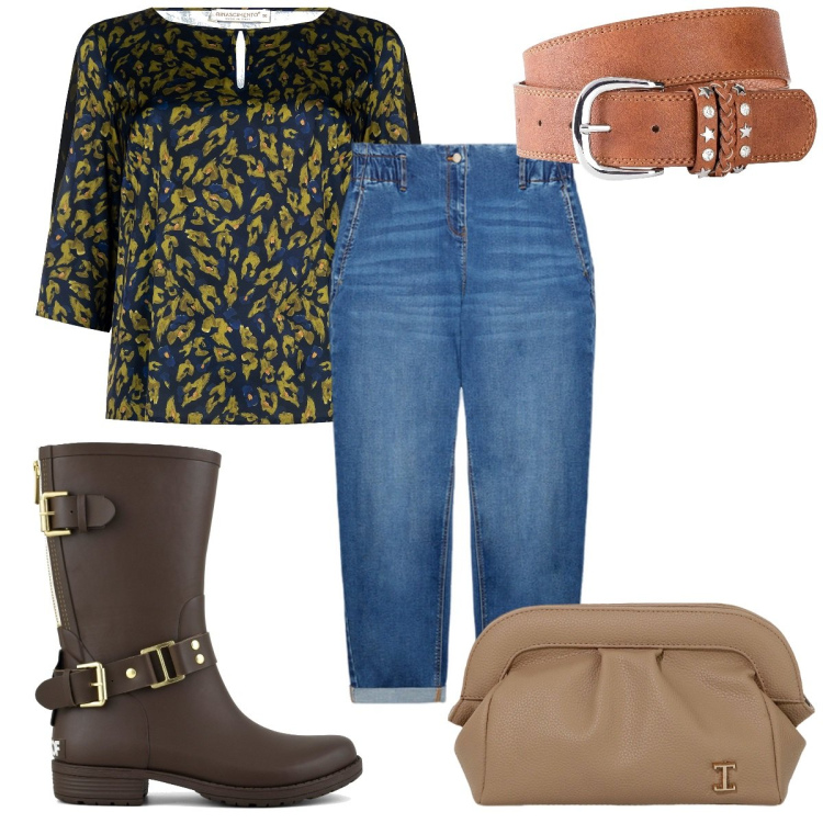 Outfit donna - Total look #1978434. Stile Trendy per Tutti i giorni. Abbinamento con cinture, bluse, borse a mano, stivali, jeans.